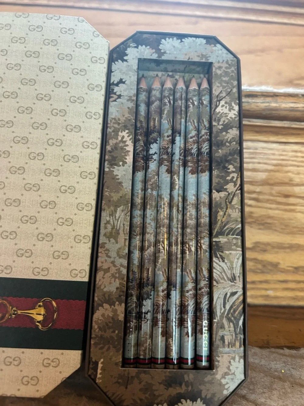 Gucci Green Box with Patterned Pencil Tin and Decorative Pencils